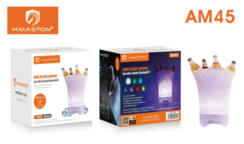 Balde de gelo luminoso H'Maston com Bluetooth, decoração moderna, ideal para festas e eventos, fácil de transportar, com alta qualidade de som e iluminação, Badus de gelo para bebidas em festas e eventos, perfeito para ambientes sociais, com conexão Bluetooth e design premium.