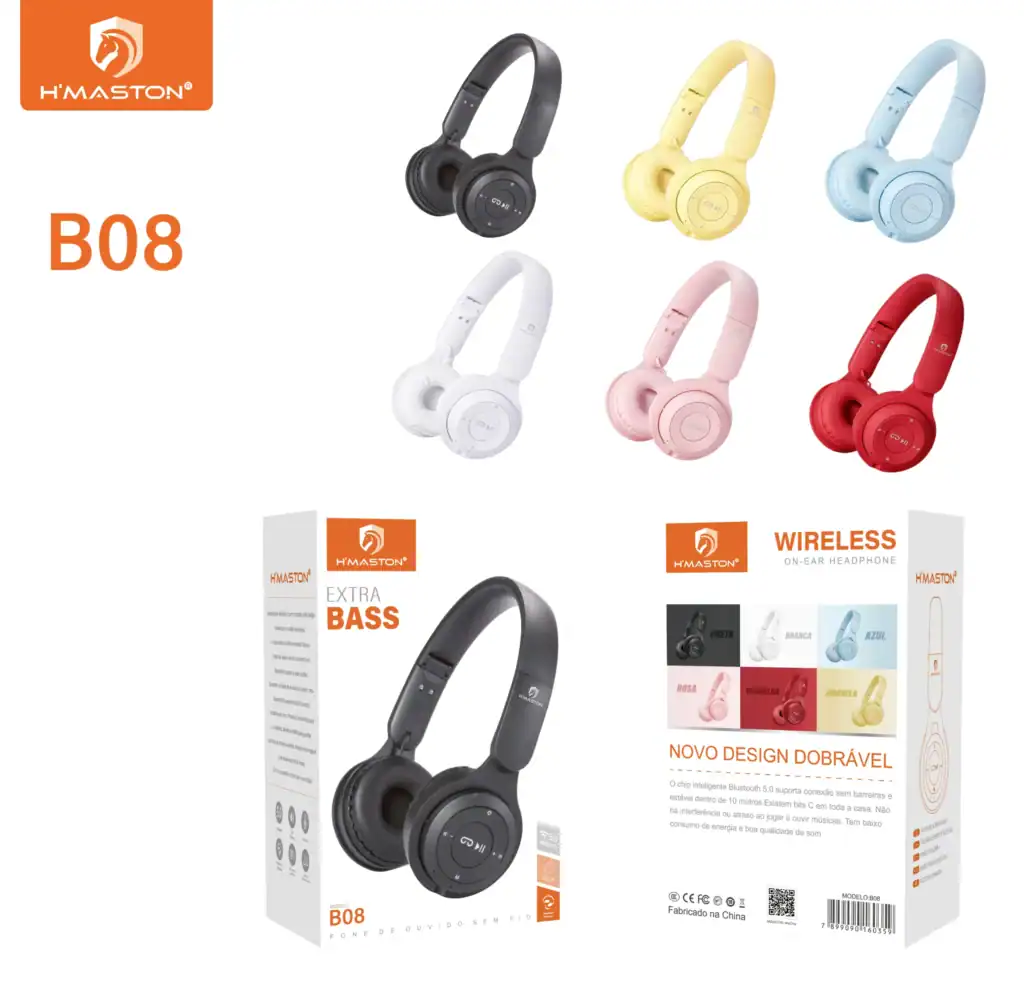 Fone de ouvido sem fio H'Maston B08 com design moderno e cores variadas, perfeito para quem busca conforto e qualidade em áudio sem fio. Ideal para uso diário, esportes ou trabalho.