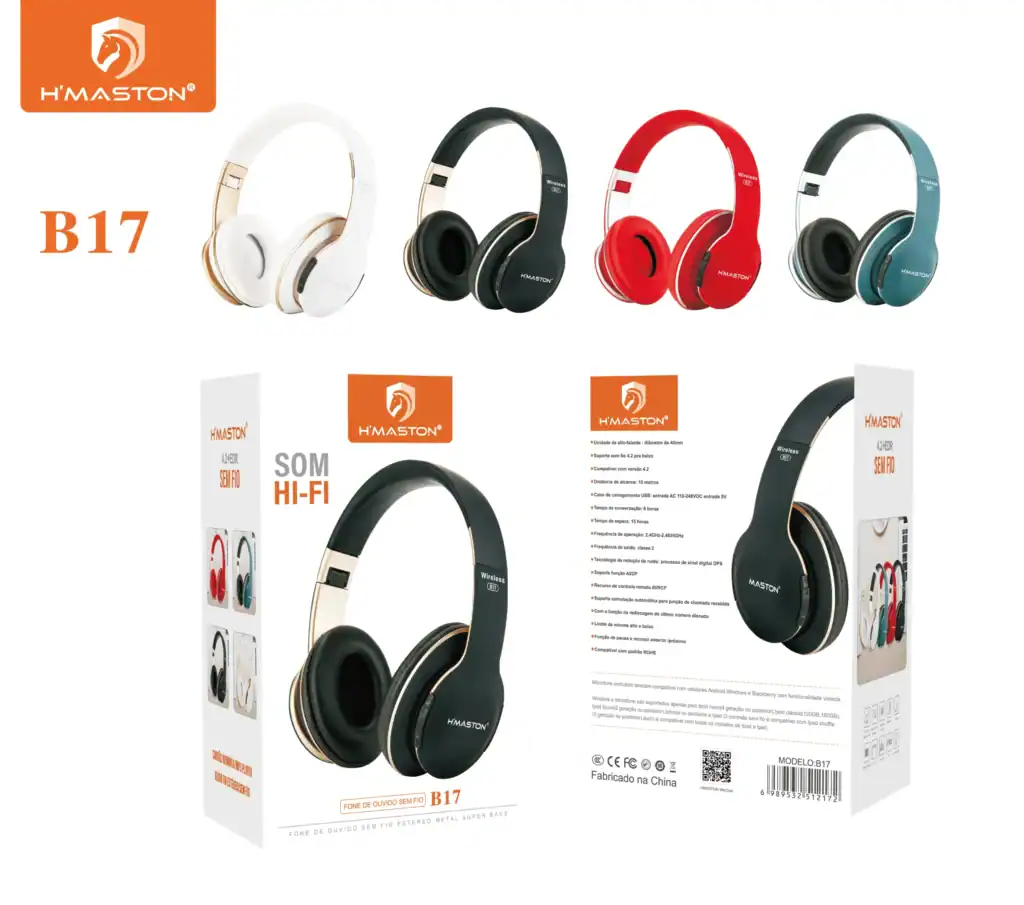 Fone de ouvido sem fio H'Maston B17 com design moderno, cores variadas e tecnologia Bluetooth, ideal para áudio de alta qualidade e liberdade de movimento.