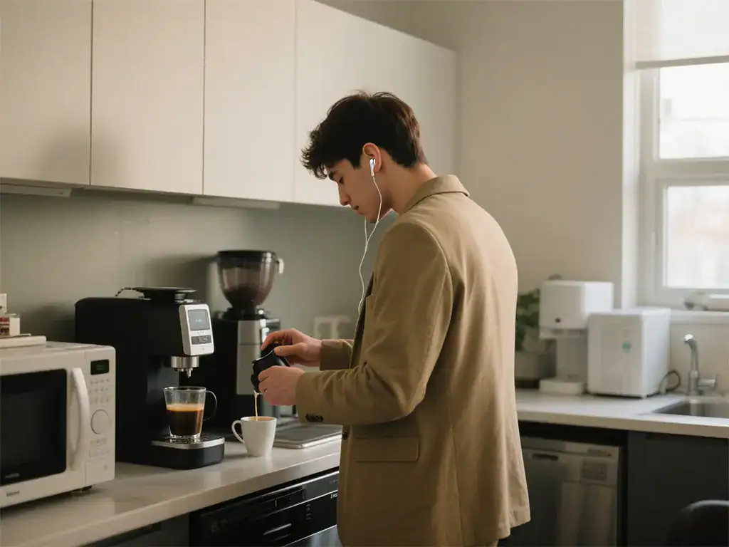 Jovem preparando café na cozinha moderna, utilizando máquina de café espresso, ambiente iluminado e organizado, ideal para amantes de café e decoração contemporânea.