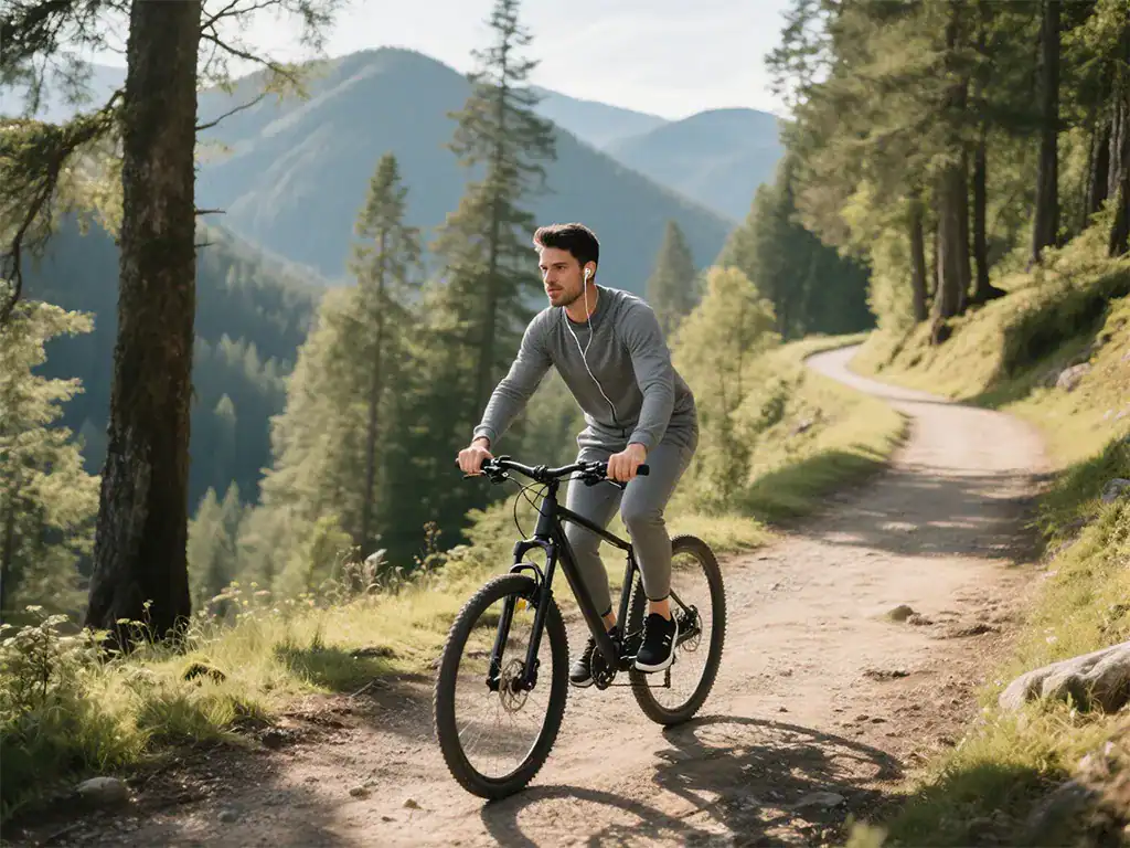 Ciclismo em trilha na natureza, jovem praticando mountain bike em parque natural com árvores e montanhas ao fundo, diversão ao ar livre com bicicleta de mountain bike.