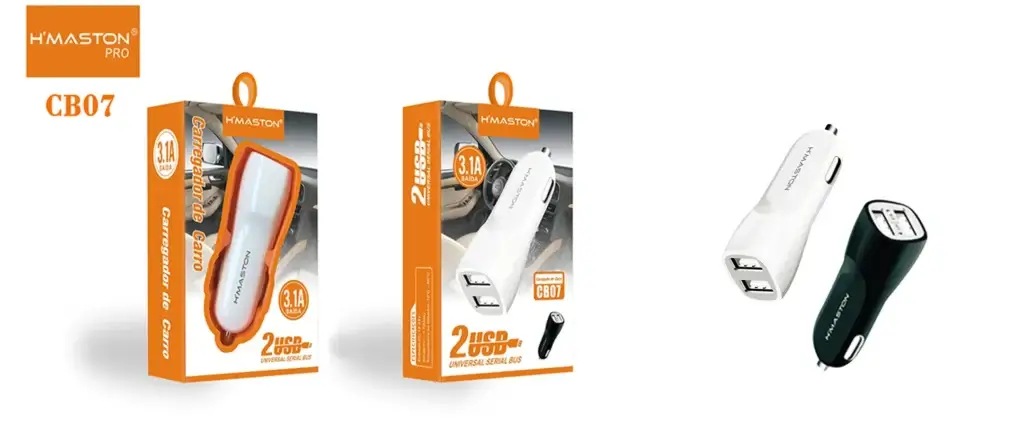 Carregador de carro H'Maston USB 3.1A com duas saídas para carregamento rápido e eficiente. Compatível com diversos dispositivos móveis, alta velocidade e segurança garantida.