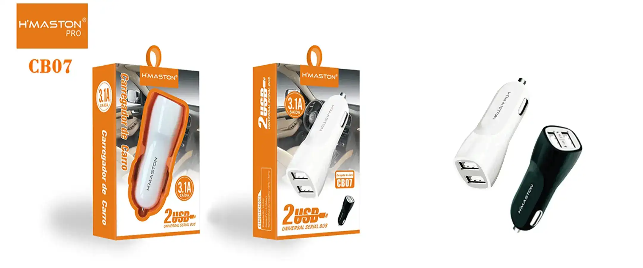 Carregador de carro H'Maston USB 3.1A com duas saídas para carregamento rápido e eficiente. Compatível com diversos dispositivos móveis, alta velocidade e segurança garantida.