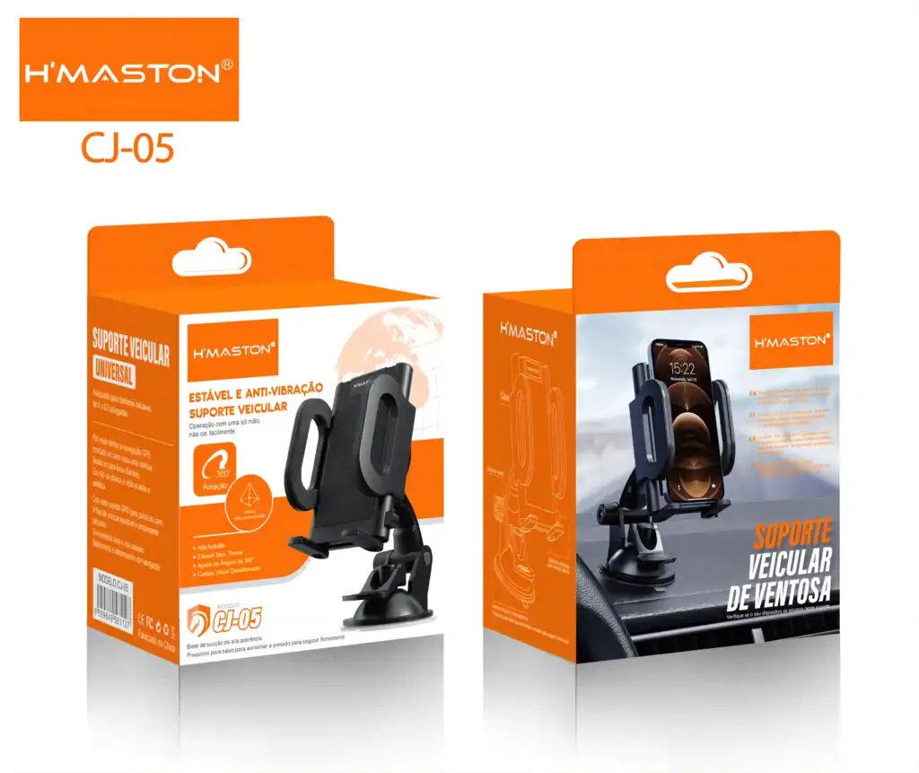 Suporte veicular de ventoza H'Maston CJ-05 para celular, com ajuste de 360°, compatível com smartphones de 4 a 6,5 polegadas, estabilidade e anti-vibração, ideal para viagens e uso no carro.