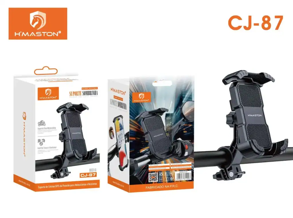 Suporte de celular e GPS para motocicleta, compatível com modelos CJ-87 H'Maston, fácil de instalar e remover, ideal para pilotagem segura e prática em motos e bicicletas.