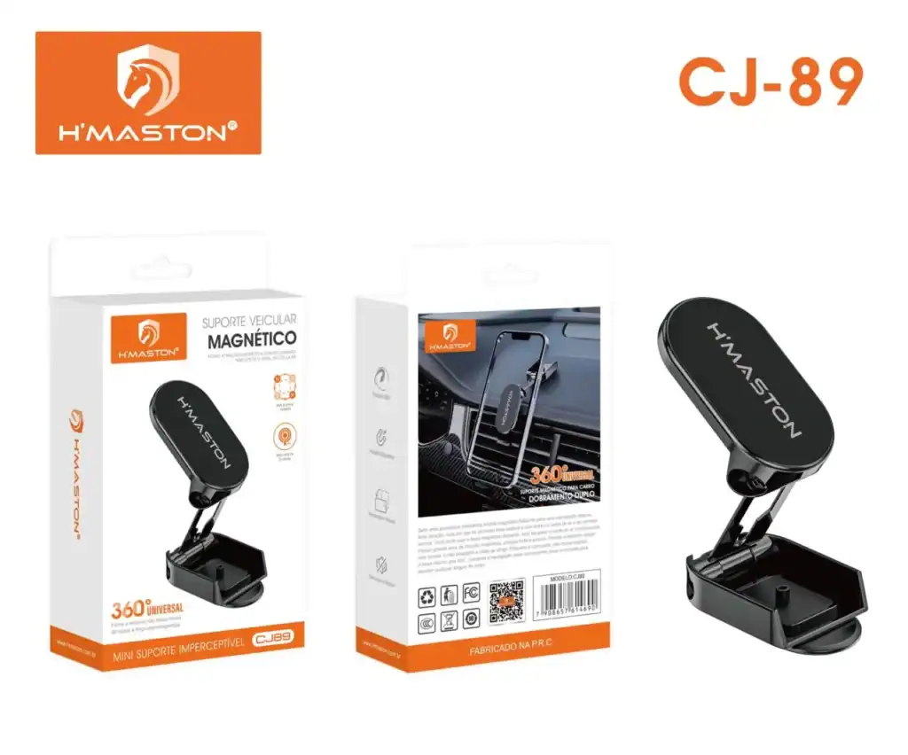 Suporte veicular magnético para carro H'Maston, compatível com smartphones e GPS, com design discreto e ajustável, ideal para facilitar o uso do celular em viagens e dirigir com segurança.