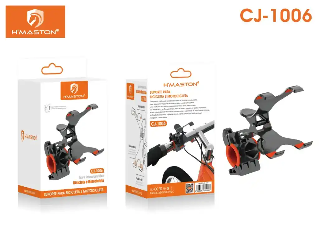 Suporte universal para celular, bicicleta e motocicleta H'Maston CJ-1006, ideal para fixação segura em diversos veículos, garantindo praticidade durante o uso de smartphones e GPS.