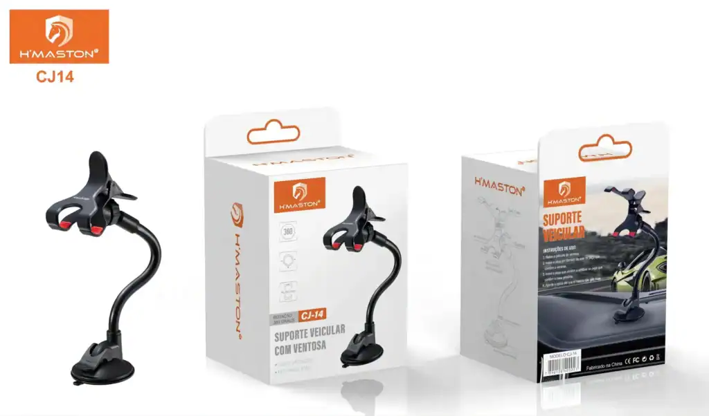 Suporte veicular para celular com ventosa, compatível com GPS e smartphones, fácil de instalar, permitindo rotação de 360 graus para melhor posição do dispositivo.