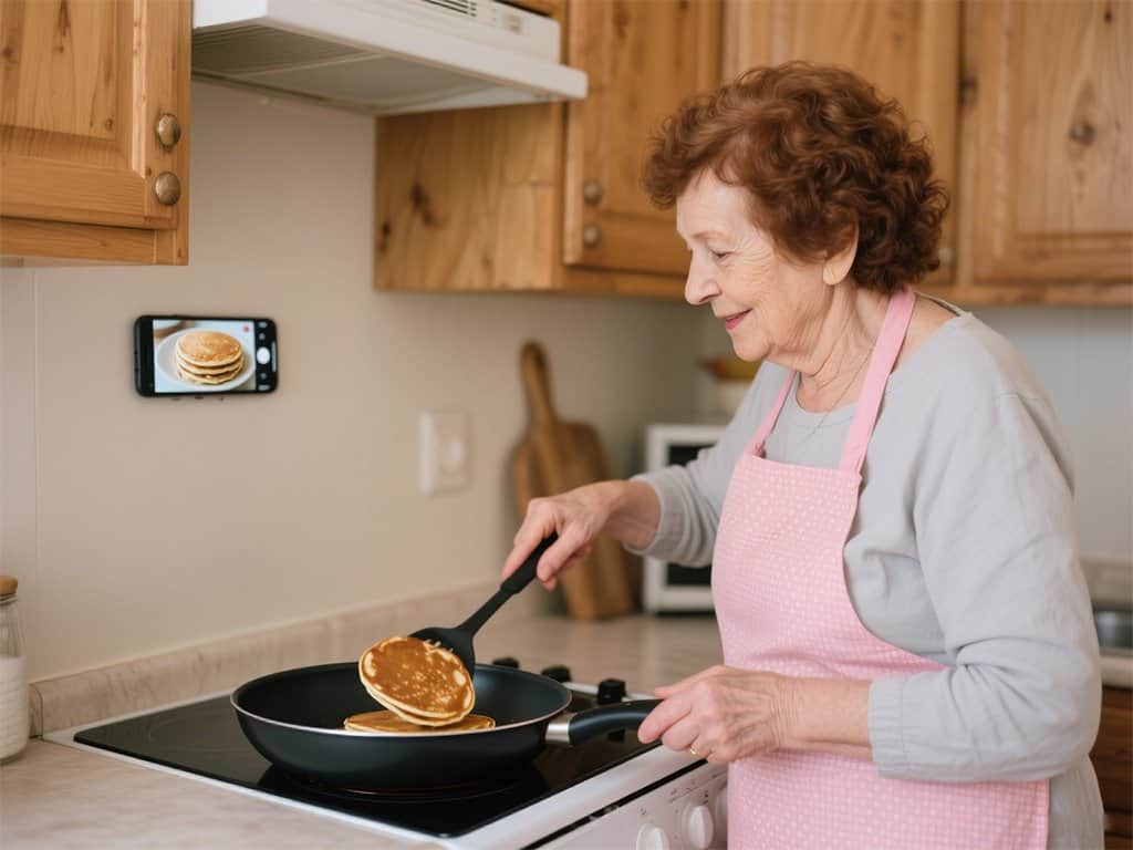 Panqueca caseira being cooked by an elderly woman wearing an apron in a cozy kitchen with wooden cabinets.