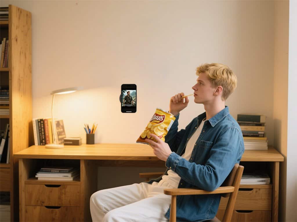 Batata chips em mãos, jovem assistindo vídeo no celular, ambiente de estudo com mesa de estudos, livros e iluminação quente, estilo moderno e confortável, foco em snacks e entretenimento, cotidiano do universo jovem.