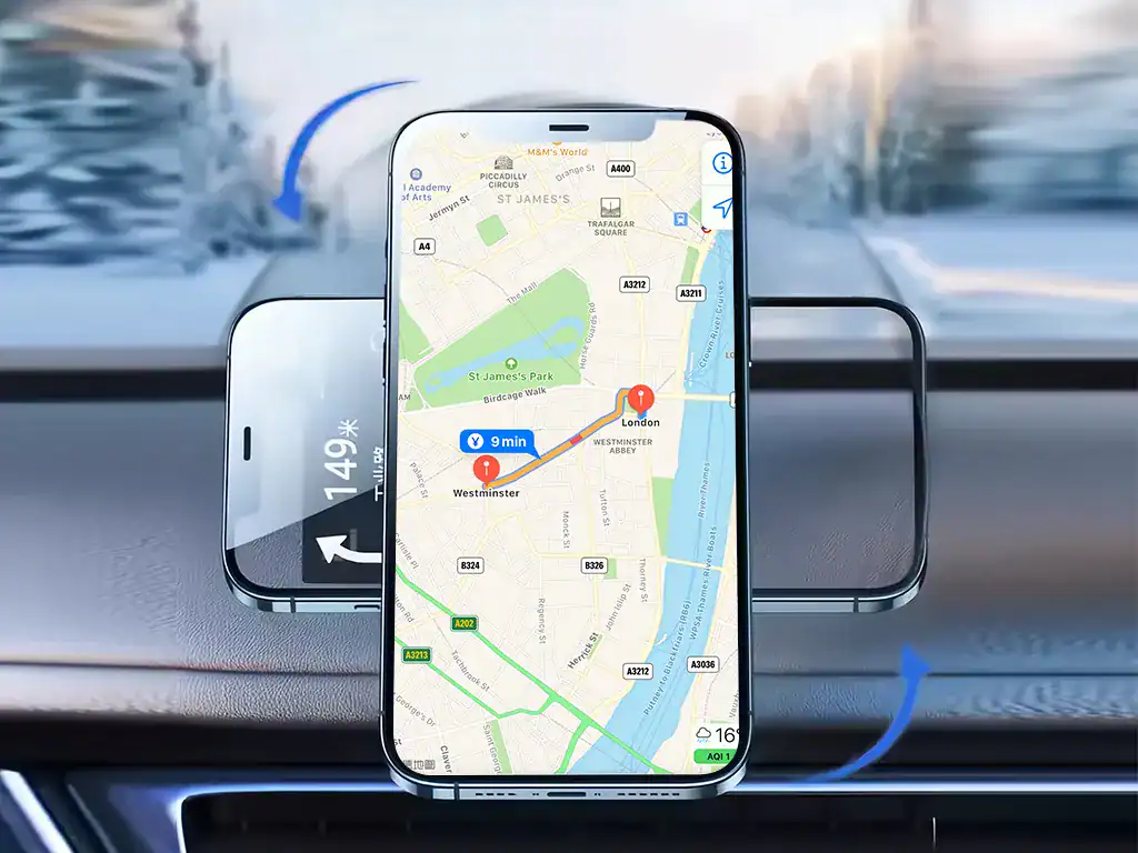 Navegação em smartphone com mapa visível, GPS em uso para indicar rota do centro de Londres até Westminster, instalado na cabine de carro, símbolo de tecnologia e direção.