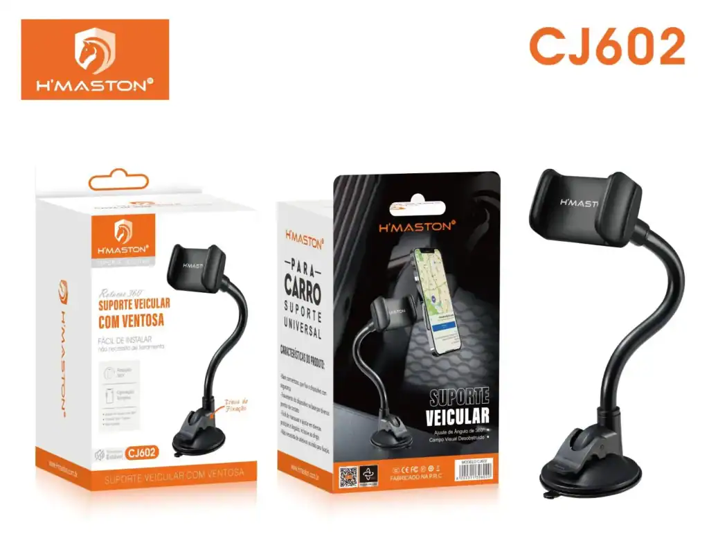 Suporte veicular para carro ajustável com ventosa, ideal para fixar celular e navegação GPS, fácil de instalar e com design moderno, compatível com diversos modelos de smartphones.