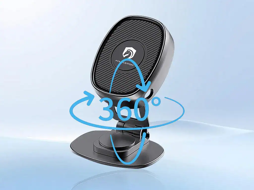 Controle de direção 360 graus para suporte de celular com carregador wireless H'MASTON, compatível com vários modelos de smartphones, ideal para uso em veículos, com design moderno e funcionalidade avançada.