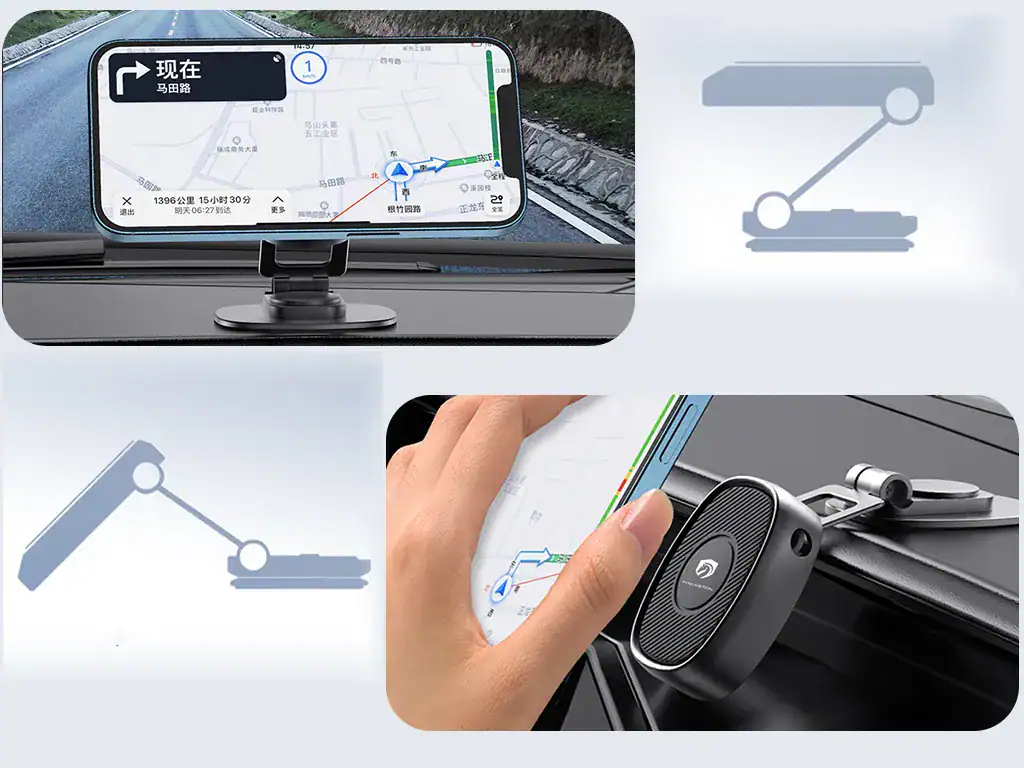 Navegação por GPS em carro com suporte e celular, tecnologia de condução segura e prática, ideal para viagens e rotas diárias na cidade.
