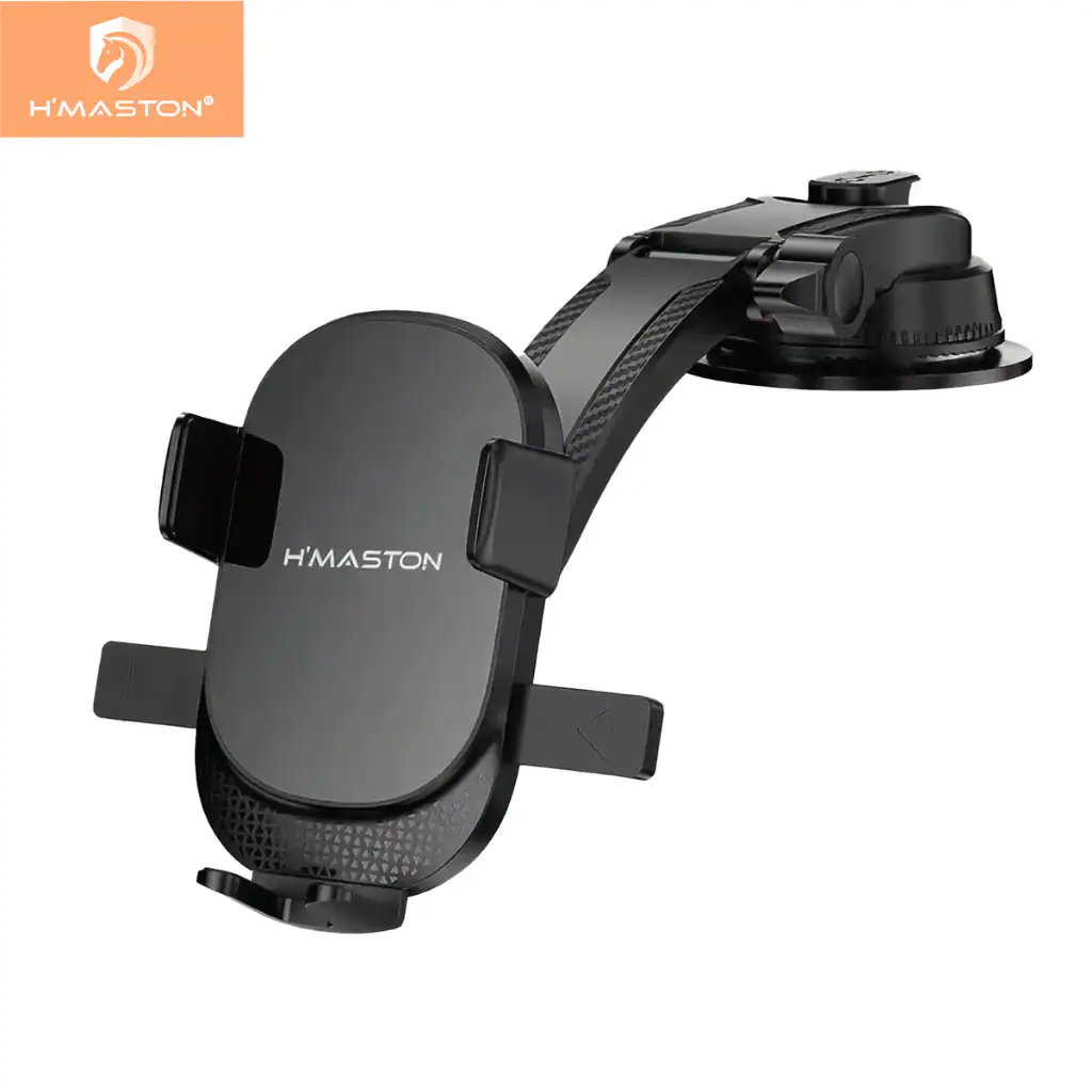 Suporte veicular para celular H'Maston, compatível com diferentes tamanhos, garante estabilidade durante o uso e facilita o acesso ao smartphone no carro. Design moderno e seguro.