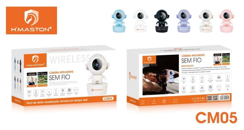 Câmera inteligente sem fio H'Maston, monitoramento remoto em tempo real, ideal para segurança residencial e infantil, conexão via app e vídeo HD.