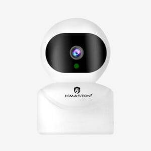 Câmera de segurança inteligente com câmera giratória e conexão Wi-Fi, ideal para monitoramento residencial contínuo. Design moderno e funcional para segurança e controle remoto.