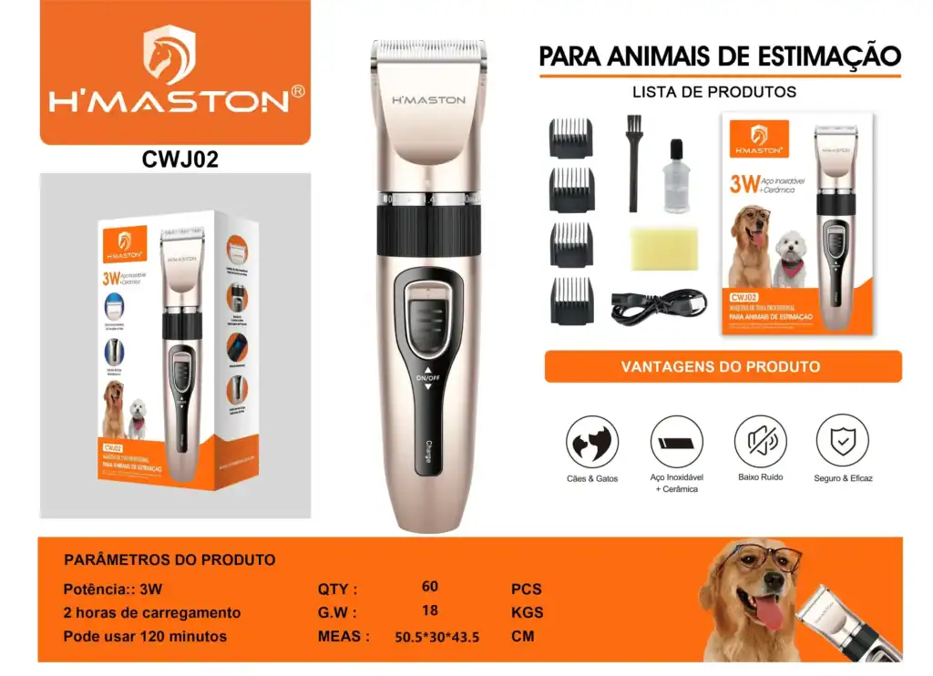 Cortador de pelos para animais de estimação H'Maston, profissional, com lâmina de inox e cerâmica, ideal para cães e gatos. Kit completo com acessórios e bateria recarregável de 3W.