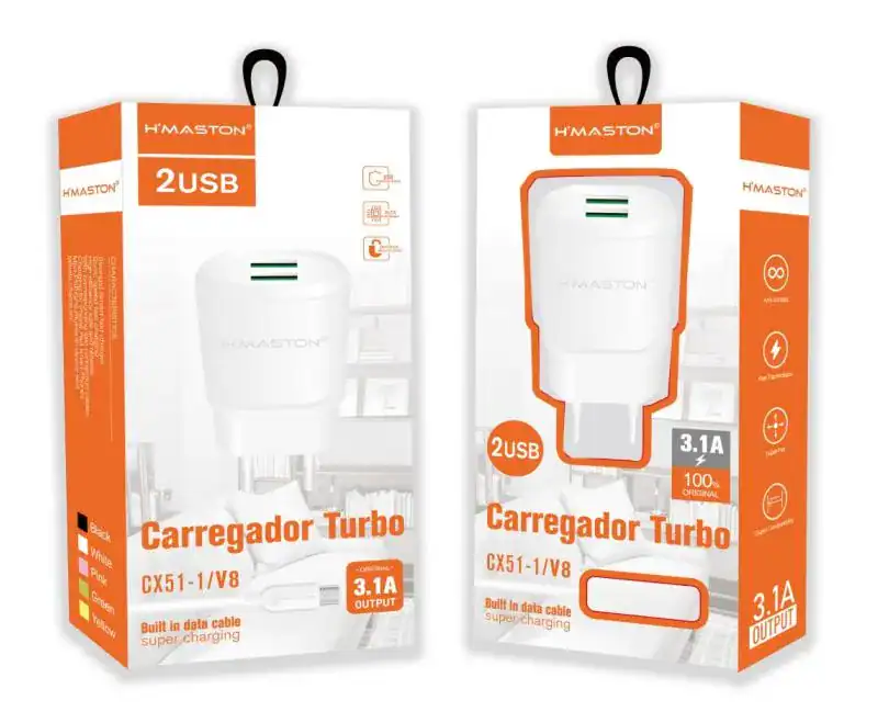Carregador Turbo para celular com saída USB dupla, compatível com CX51-1/V8, carregamento rápido de 3.1A, ideal para smartphones e dispositivos móveis, tecnologia de super carregamento, portátil e eficiente.