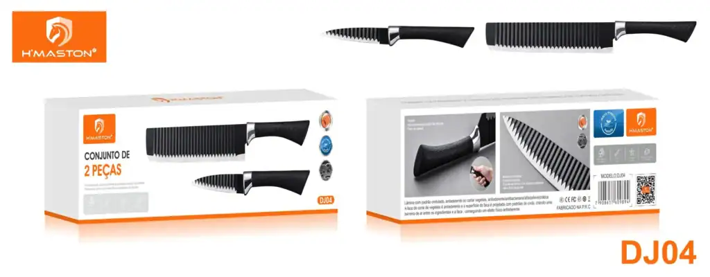 Corte afiado de facas H'Maston com lâmina ondulada, antiaderente e resistente, ideal para vegetais. Conjunto de 2 peças, design ergonômico e alta durabilidade, perfeito para cozinhas modernas.