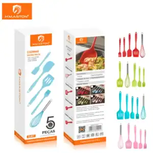 Silicone utensílios de cozinha coloridos, kit com 5 peças, espátulas, pincel e batedor, perfeitos para culinária com alta resistência e segurança, ideais para cozinhar com estilo e praticidade.