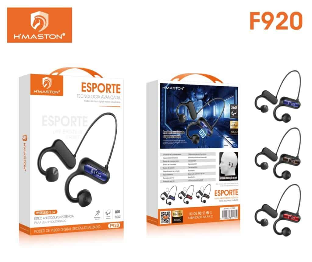 Áudio fone de ouvido esportivo wireless H'Maston modelo F920 com design ergonômico, bateria de longa duração e alta potência para atividades físicas. Perfeito para quem busca qualidade e conforto.