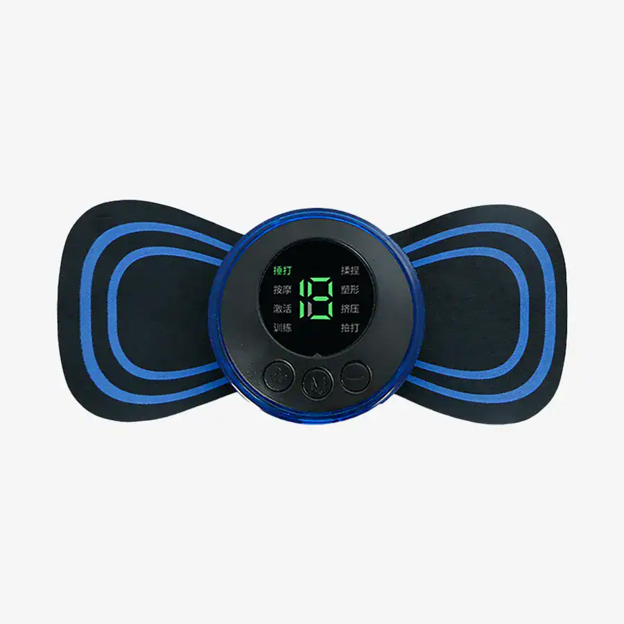 Massageador elétrico com tecnologia de condução de calor e vibração, ideal para aliviar dores musculares e relaxar o corpo, equipado com controle digital e luzes LED para personalização, perfeito para uso doméstico e no escritório.