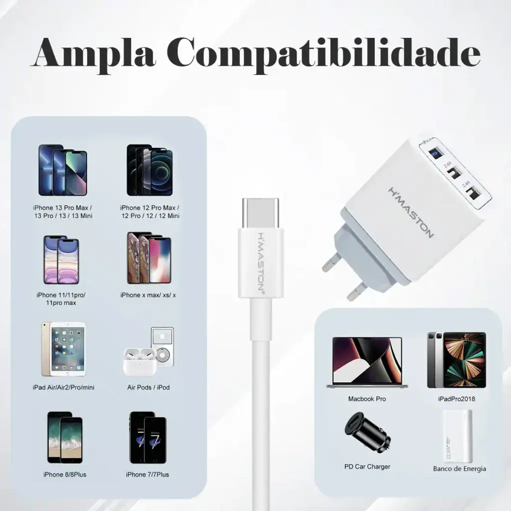 Carregador universal H'MASTON compatível com diversos modelos de iPhone, iPad, MacBook e outros dispositivos Apple, oferecendo alta eficiência, rápida carga e compatibilidade ampla para suas necessidades de energia.