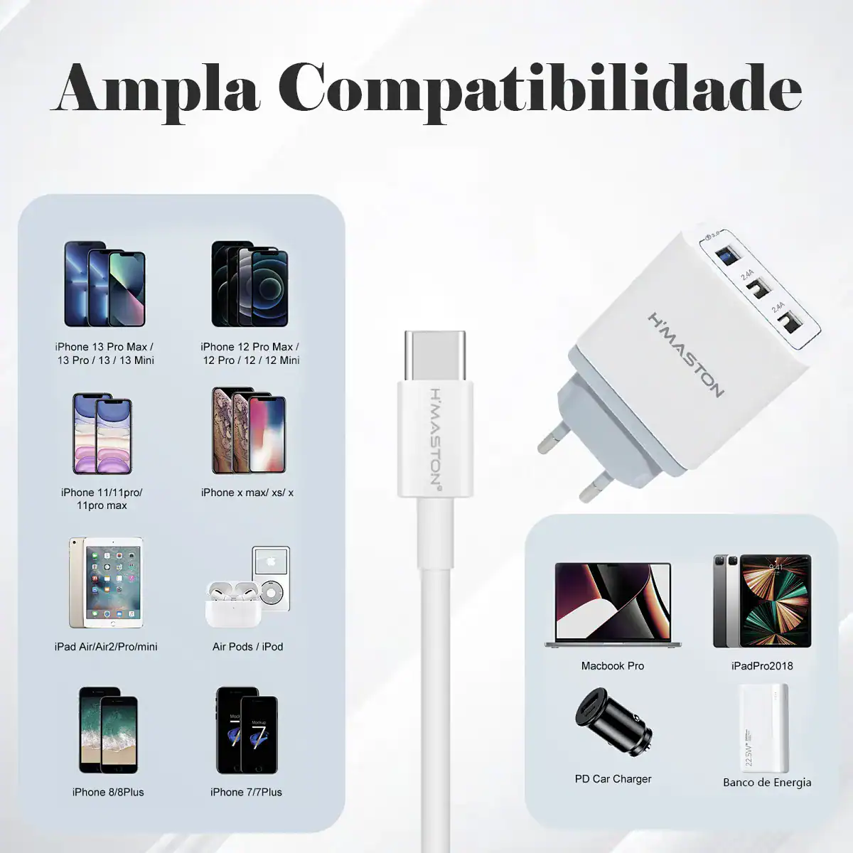 Carregador universal H'MASTON compatível com diversos modelos de iPhone, iPad, MacBook e outros dispositivos Apple, oferecendo alta eficiência, rápida carga e compatibilidade ampla para suas necessidades de energia.