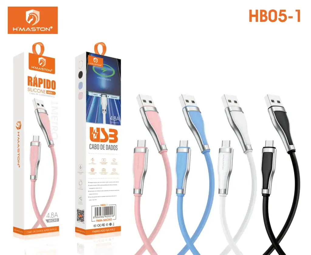 Cabos de carregamento USB H'Maston de alta velocidade em várias cores, compatíveis com micro USB, para smartphones e dispositivos eletrônicos, oferecendo carregamento rápido e durabilidade.