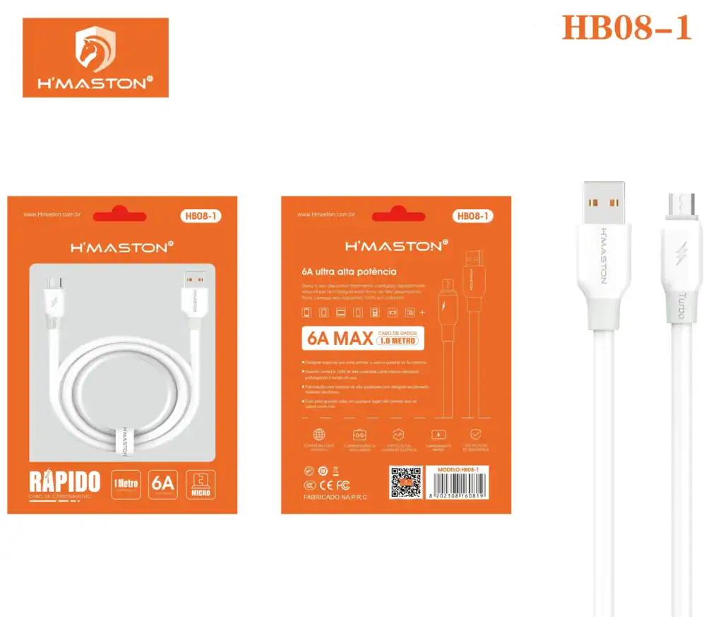 Cabo de carregamento USB H'Maston, compatível com dispositivos móveis, de alta potência 6A, 1 metro, design resistente e seguro, ideal para recarga rápida e eficiente.
