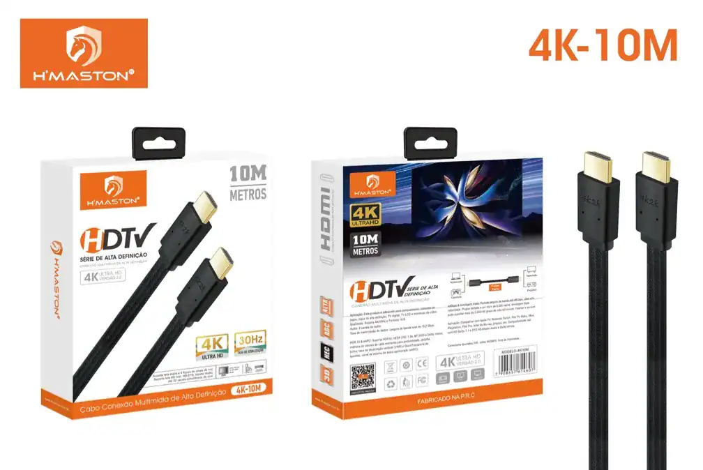 Cabo HDMI 4K-10M de alta definição, compatível com TVs UHD, projetores e dispositivos 4K, ideal para transmissão de vídeos em alta resolução com 30Hz, durabilidade e desempenho confiável.