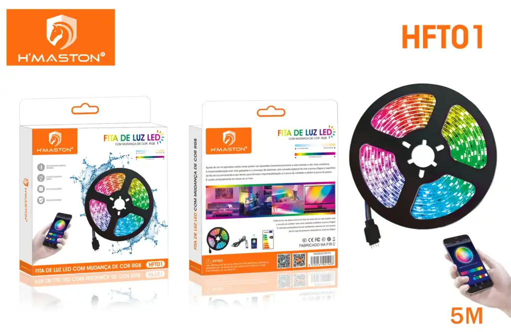 Controle remoto para fita de luz LED com mudança de cor RGB, compatível com aplicativo de smartphones, ideal para decoração e ambientes internos.
