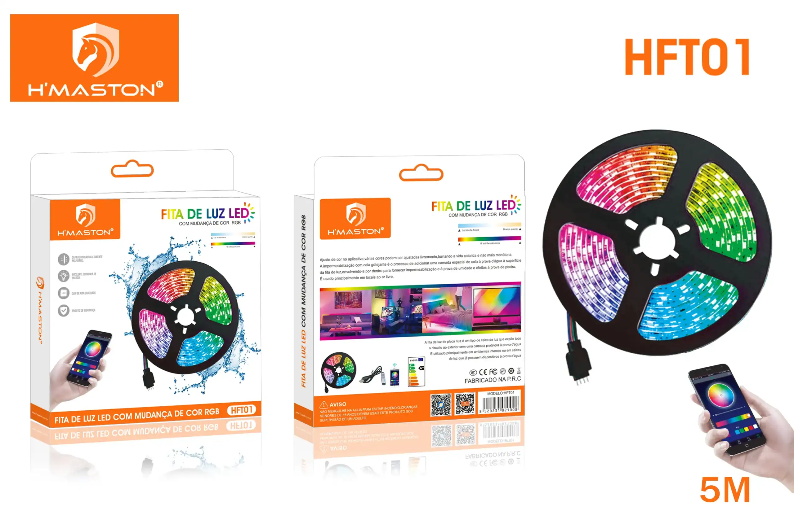 Controle remoto para fita de luz LED com mudança de cor RGB, compatível com aplicativo de smartphones, ideal para decoração e ambientes internos.