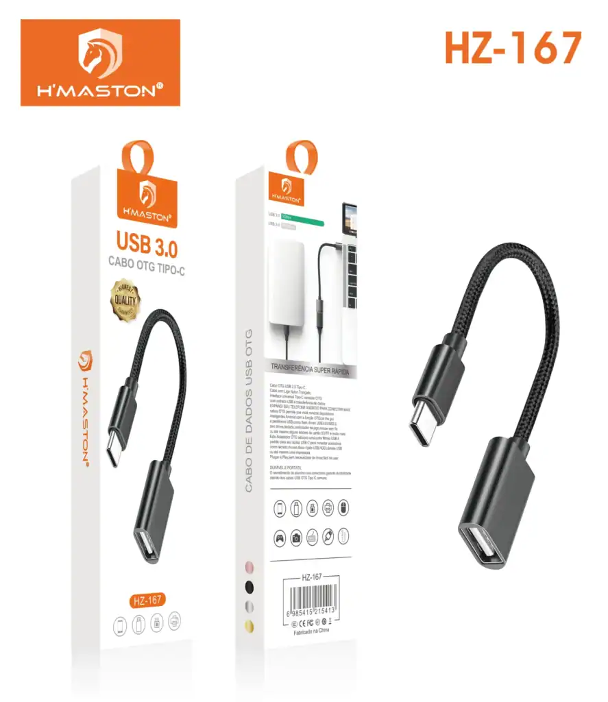 Conector USB-C para transferência de dados e carregamento de dispositivos compatíveis, modelo HZ-167, com design portátil e alta durabilidade, ideal para uso com smartphones, tablets e laptops.