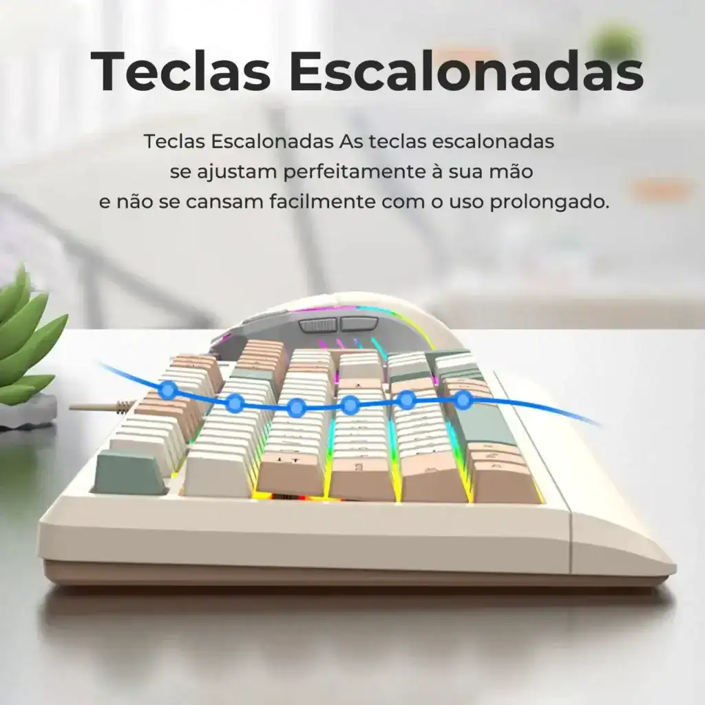 Teclado com teclas escalonadas, ergonomia, facilidade de uso, tecnologia de teclas confortáveis e duráveis para trabalho e diversão.