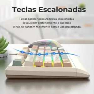 Teclado com teclas escalonadas, ergonomia, facilidade de uso, tecnologia de teclas confortáveis e duráveis para trabalho e diversão.