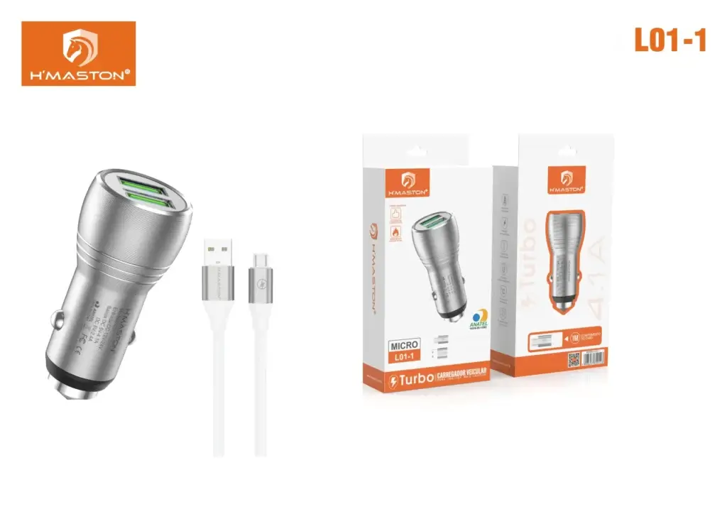 Carregador de carro H'Maston micro USB com duas portas USB rápidas para carregamento eficiente.