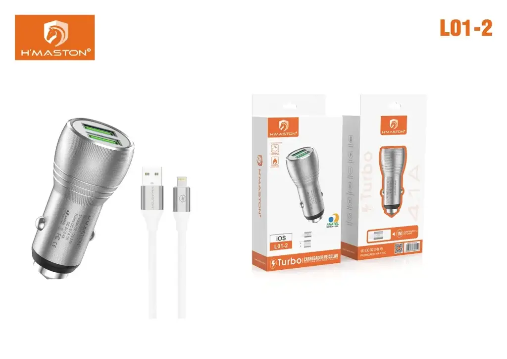 Carregador veicular portátil H'Maston com cabos USB-C e Lightning, compatível com iPhone e Android, carregamento rápido e design moderno para uso em veículos.