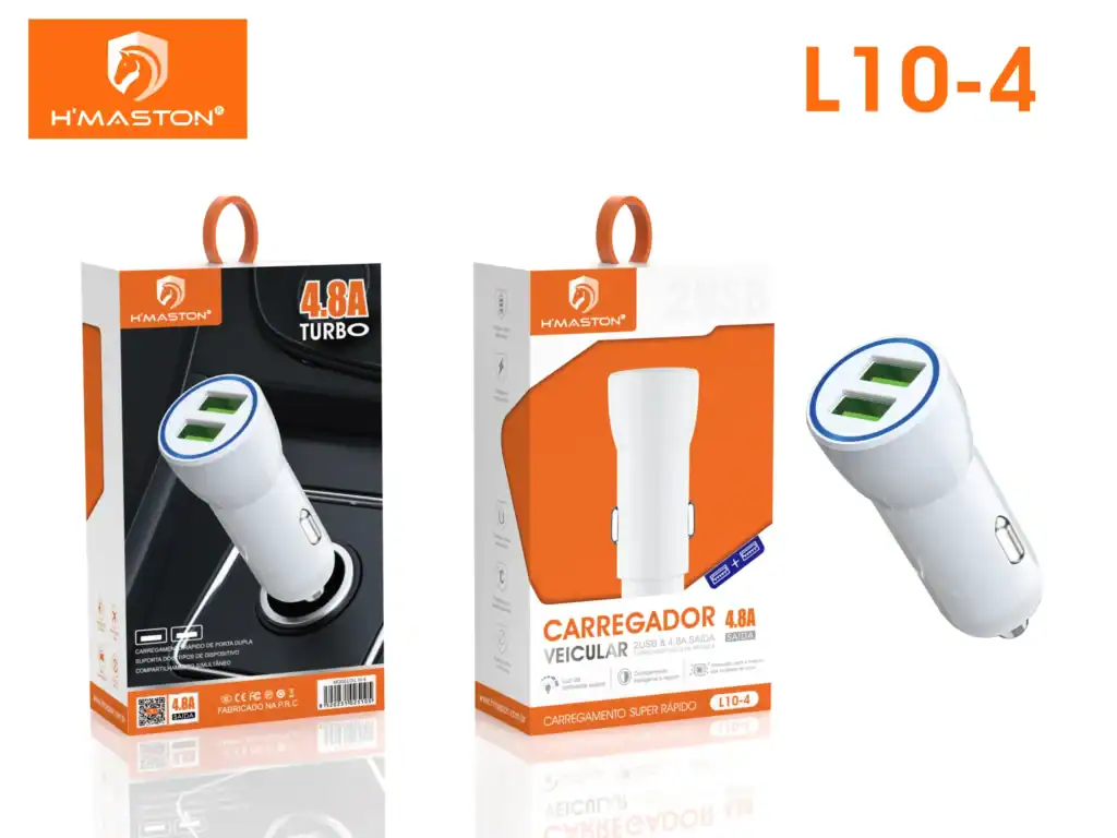 Adaptador de carregador veicular USB com duas entradas, compatível com carros, alta velocidade, design compacto, suporte carga rápida, que garante segurança e praticidade na recarga de dispositivos móveis.