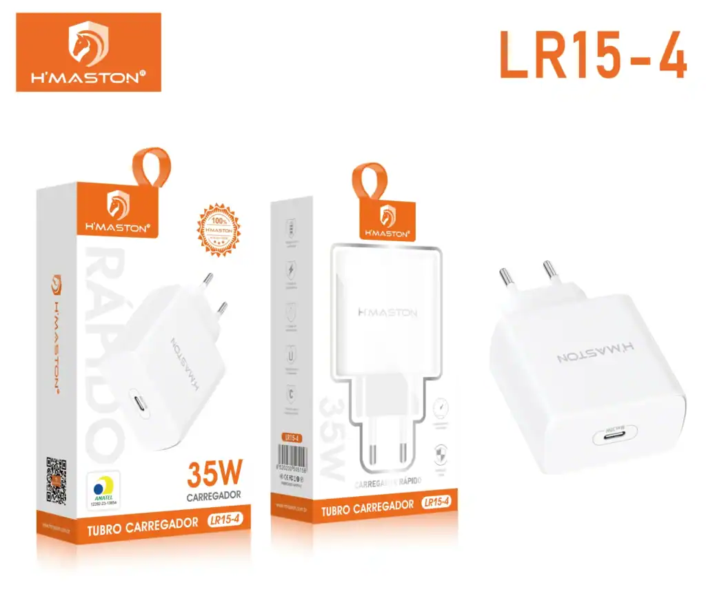 Carregador portátil H'MASTON LR15-4 com 35W de alta potência, design compacto e seguro, ideal para recarregar seus dispositivos de forma rápida e eficiente.