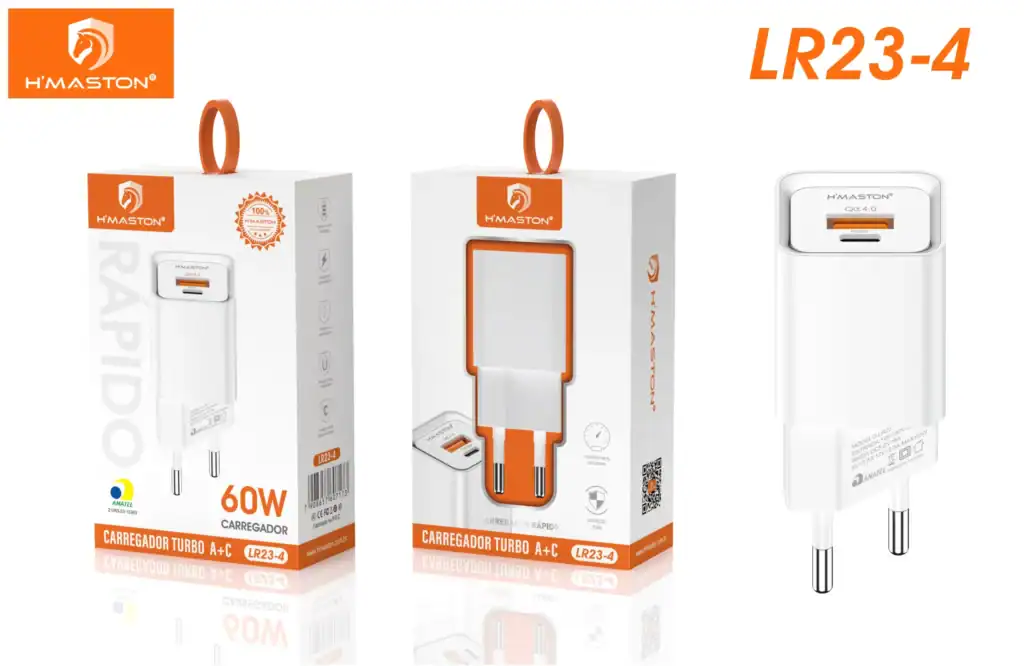 Carregador de celular portátil H'Maston LR23-4 com capacidade de 60W e tecnologia turbo A+C, ideal para recarregar dispositivos rapidamente, disponível na loja online H'Maston.