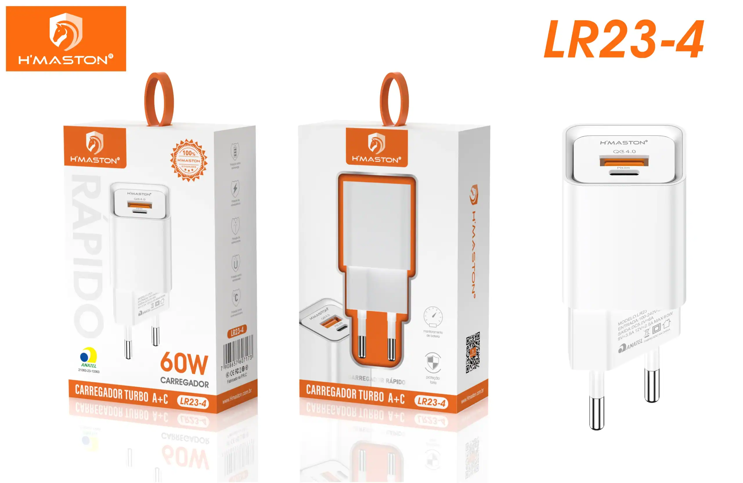Carregador de celular portátil H'Maston LR23-4 com capacidade de 60W e tecnologia turbo A+C, ideal para recarregar dispositivos rapidamente, disponível na loja online H'Maston.