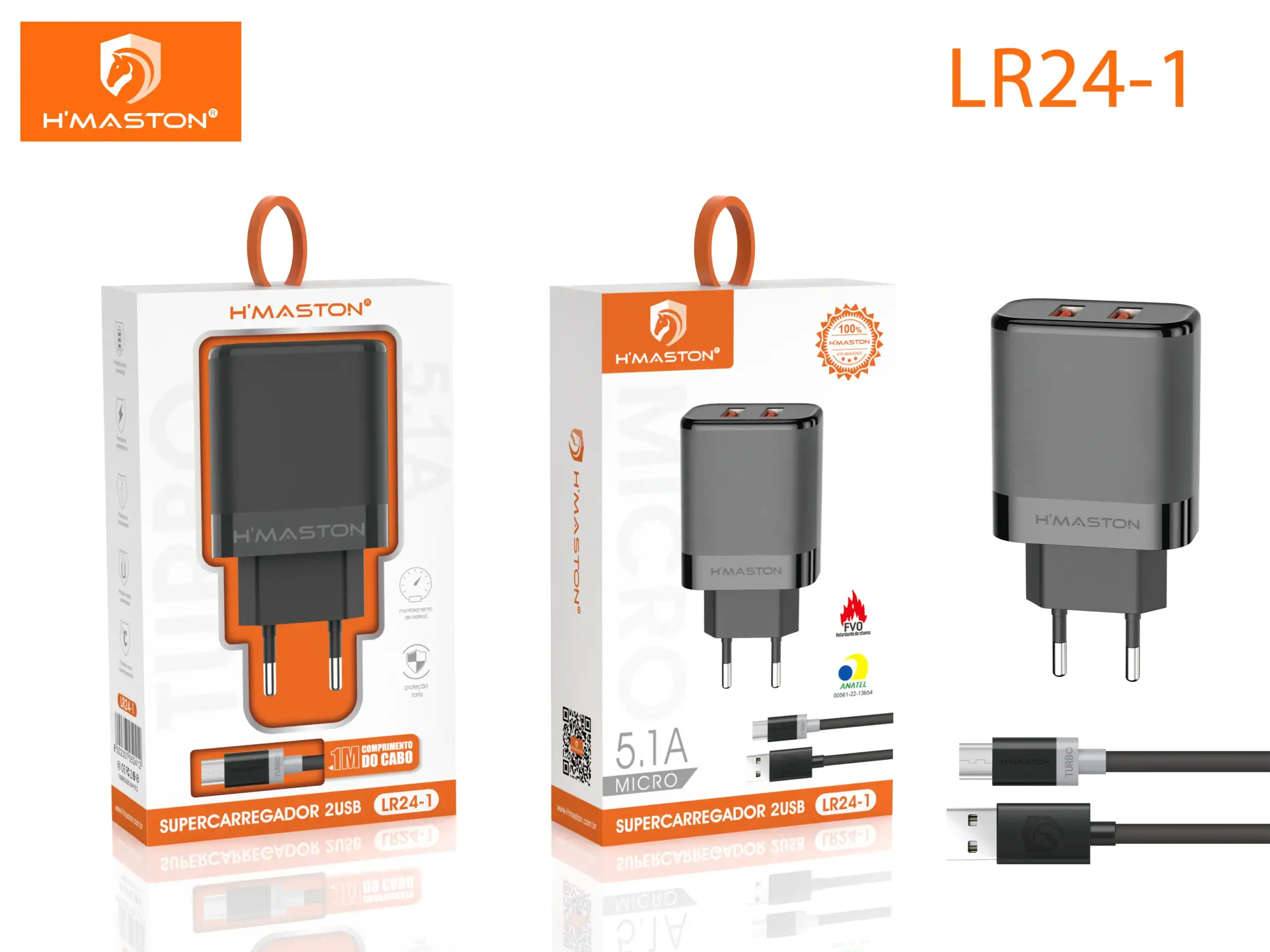 Carregador de celular super rápido 2USB H'Maston LR24-1 com cabos de 1 metro, compatível com gadgets, garantia de segurança e alta eficiência, ideal para recarregar dispositivos Android e outros.