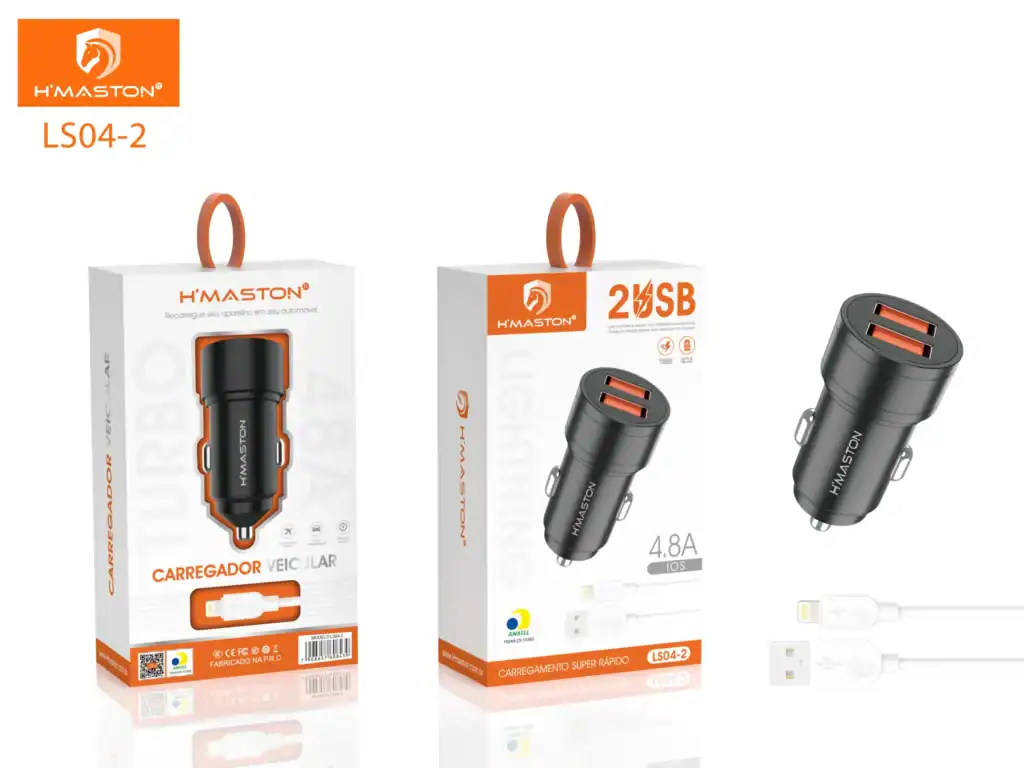 Carregador veicular H'Maston com duas portas USB, alta velocidade, compatível com iOS e Android, carregamento eficiente, produto de qualidade para automóveis.