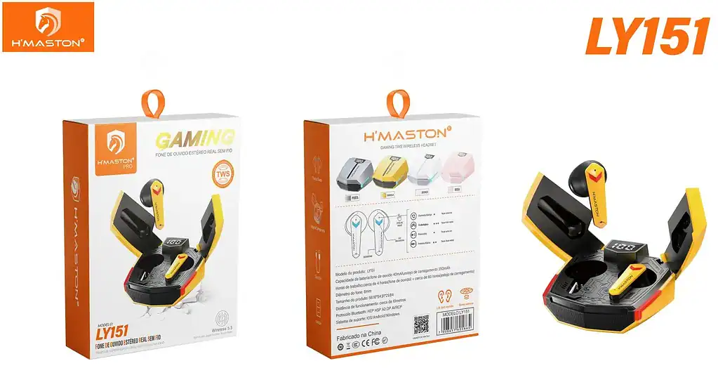 Fones de ouvido gaming sem fio H'MASTON LY151 com estojo de carregamento preto, branco, cinza e rosa.
