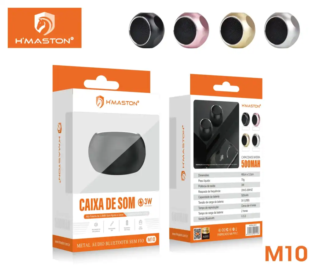 Caixa de som Bluetooth portátil com design moderno, disponível em várias cores, com capacidade de 500mAh e potência de 3W, ideal para música em movimento e festas ao ar livre.