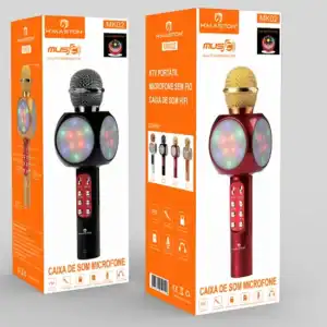 Microfone sem fio com luzes LED coloridas, ideal para festas e eventos musicais. Produto portátil, com caixa de som Bluetooth de alta qualidade, fácil de usar e excelente desempenho de áudio.