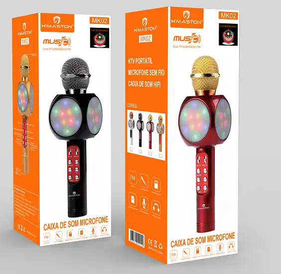Microfone sem fio com luzes LED coloridas, ideal para festas e eventos musicais. Produto portátil, com caixa de som Bluetooth de alta qualidade, fácil de usar e excelente desempenho de áudio.