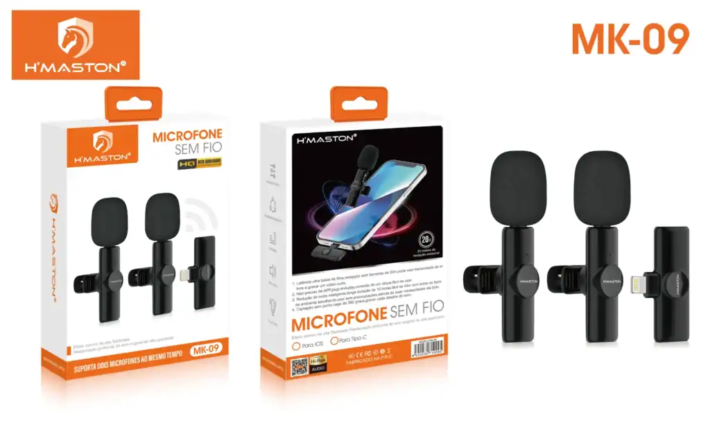 Microfones sem fio H'Maston modelo MK-09, suporte duplo para gravação de áudio de alta fidelidade com qualidade profissional.